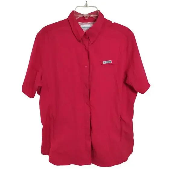 3568) Columbia Women Fuchsia PFG Vented Button Down Short Sleeve Shirt XL - Picture 1 of 9